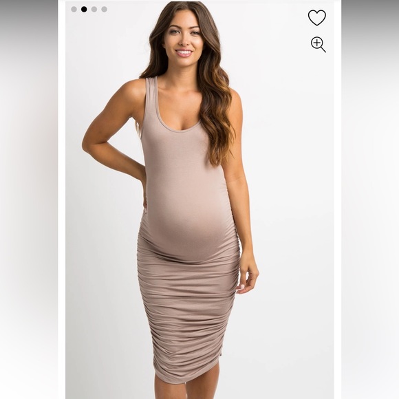 Mocha Solid Ruched Fitted Maternity Bodycon Midi Dress - Picture 2 of 6